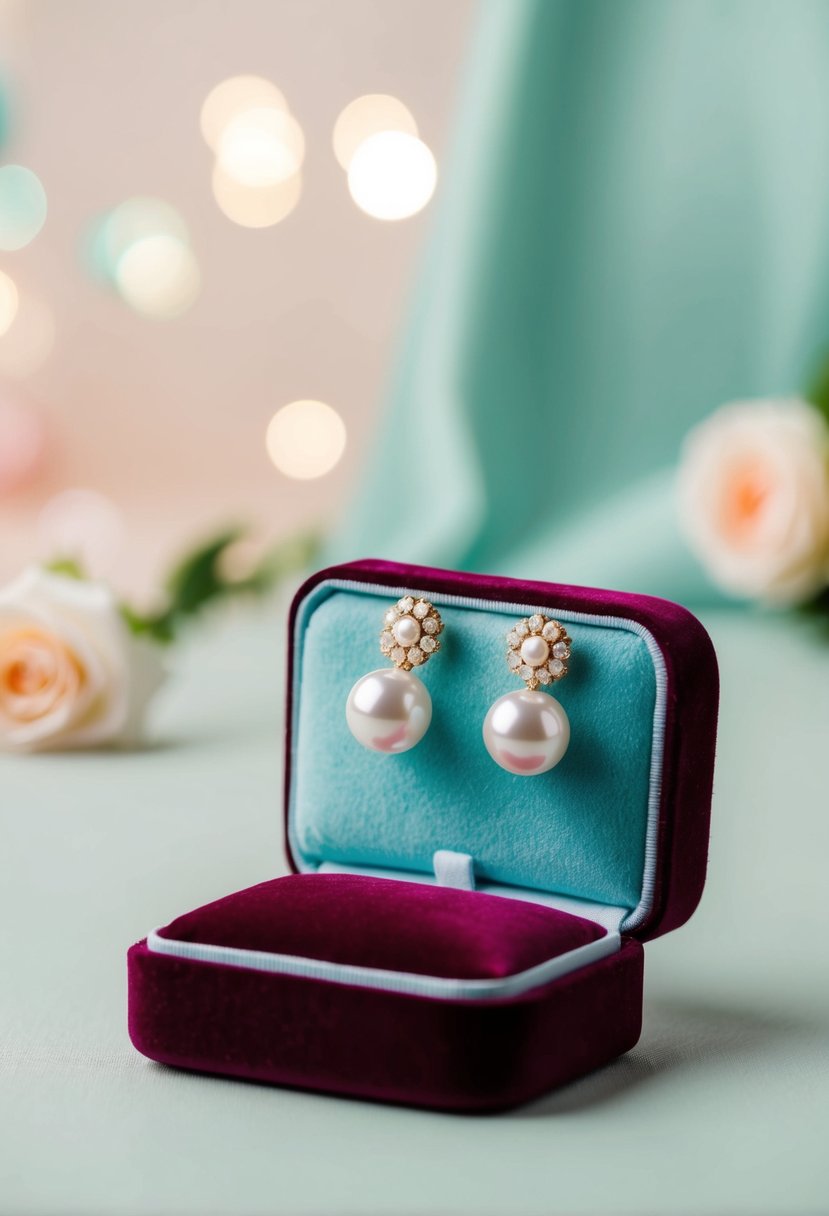 A pair of classic white pearl earrings displayed on a velvet cushion against a soft, pastel background