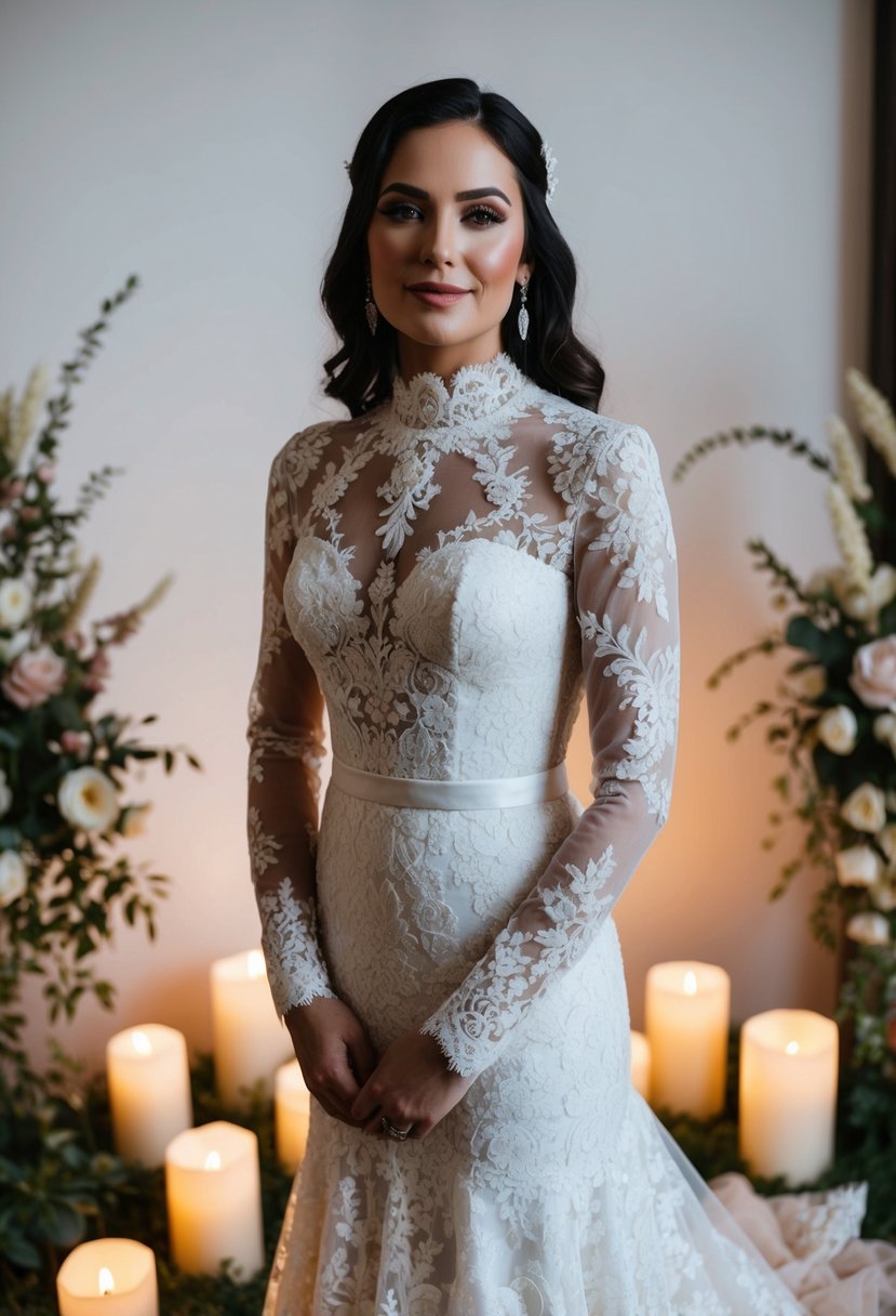 A bride stands in a high-neck lace gown, surrounded by soft candlelight and delicate floral arrangements