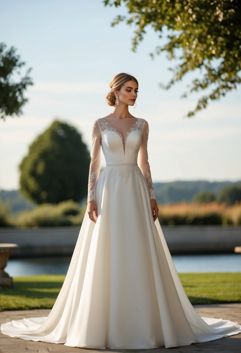 An elegant A-line wedding dress with long sleeves, flowing fabric, and modest detailing, set against a serene outdoor backdrop