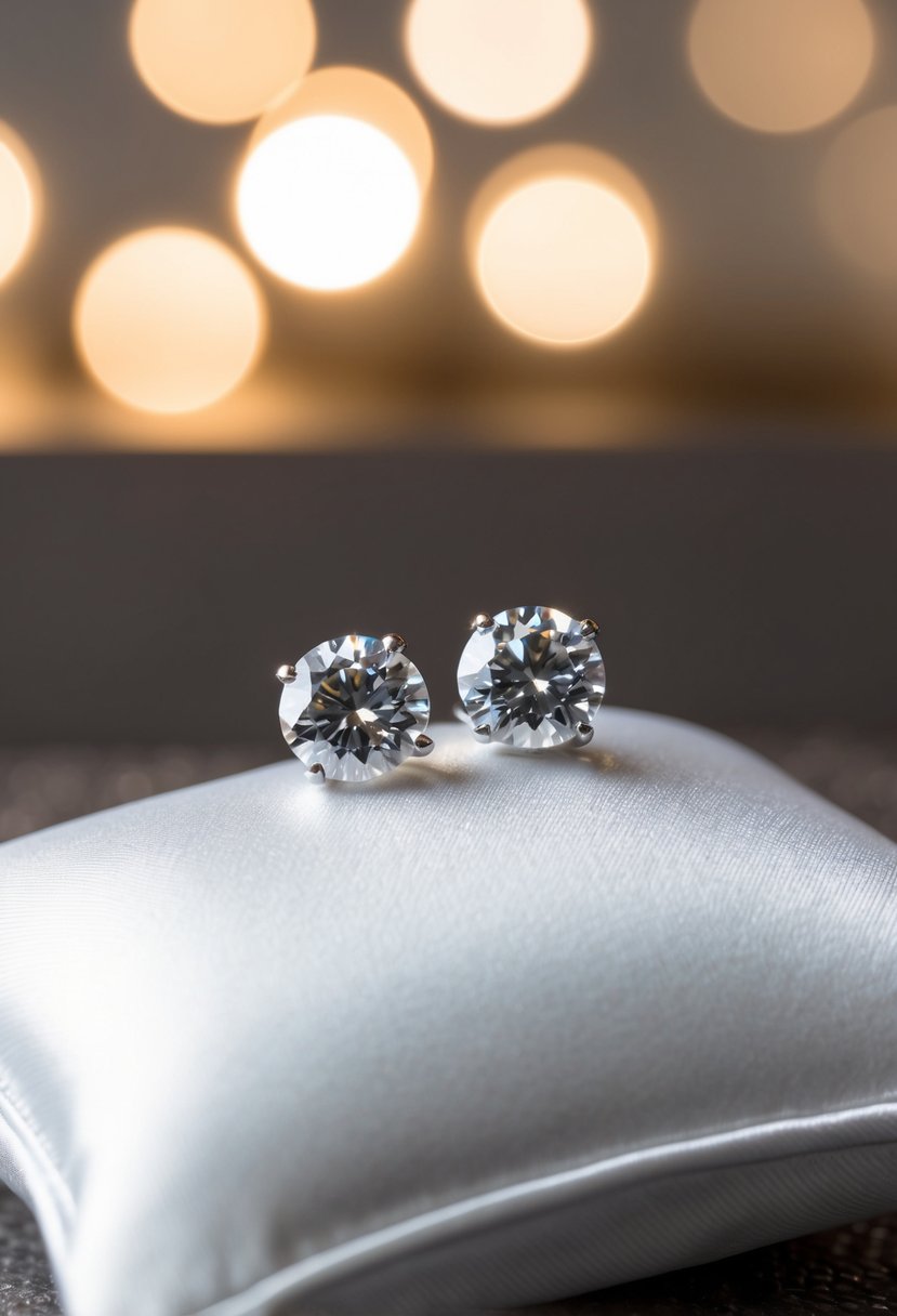 A pair of sparkling diamond studs displayed on a pristine white satin pillow