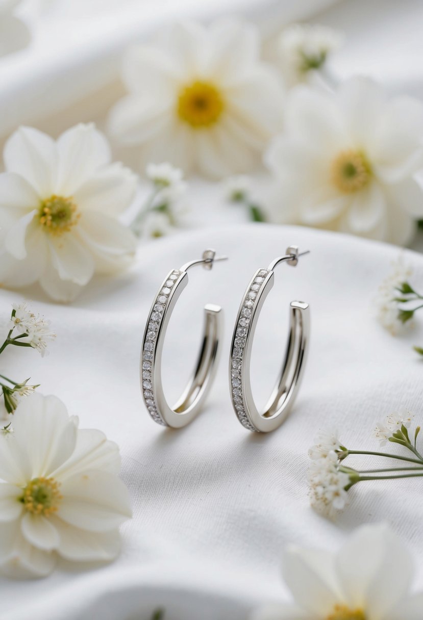 Two elegant white gold hoops displayed on a soft, white fabric background, surrounded by delicate white flowers and sparkling diamond accents