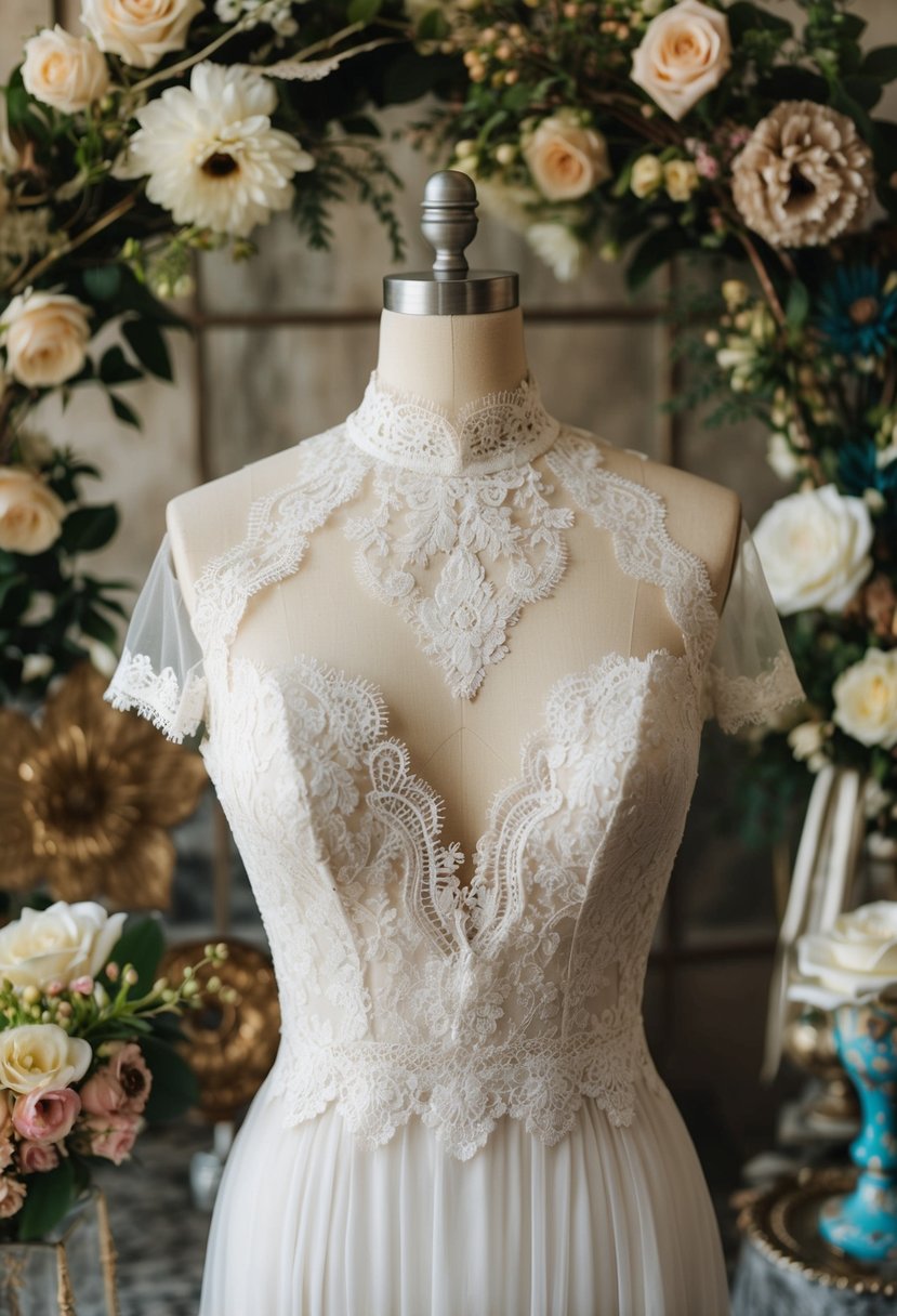 A lace-trimmed, high-necked wedding dress hangs on a vintage-style mannequin surrounded by antique accessories and floral decor