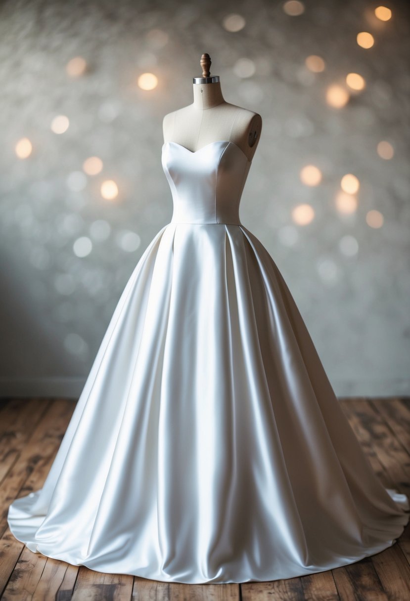 A satin ball gown with pockets, featuring a modest and elegant design, perfect for a wedding dress