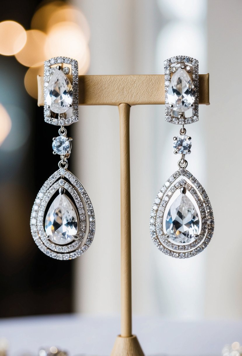 A pair of chandelier earrings with sparkling white gemstones dangle elegantly from a display stand, catching the light and exuding bridal glamour