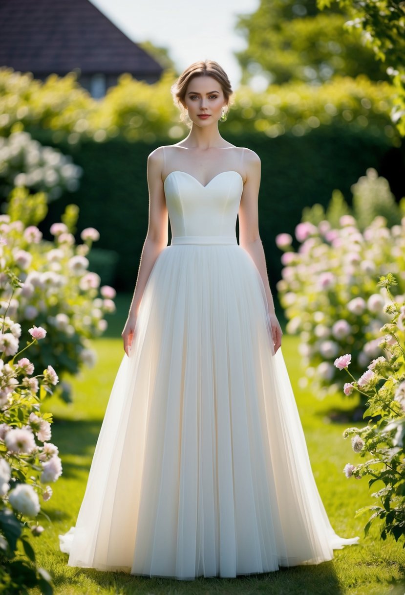 A bride stands in a garden, wearing a floor-length tulle skirt wedding dress with a modest silhouette, surrounded by blooming flowers and greenery