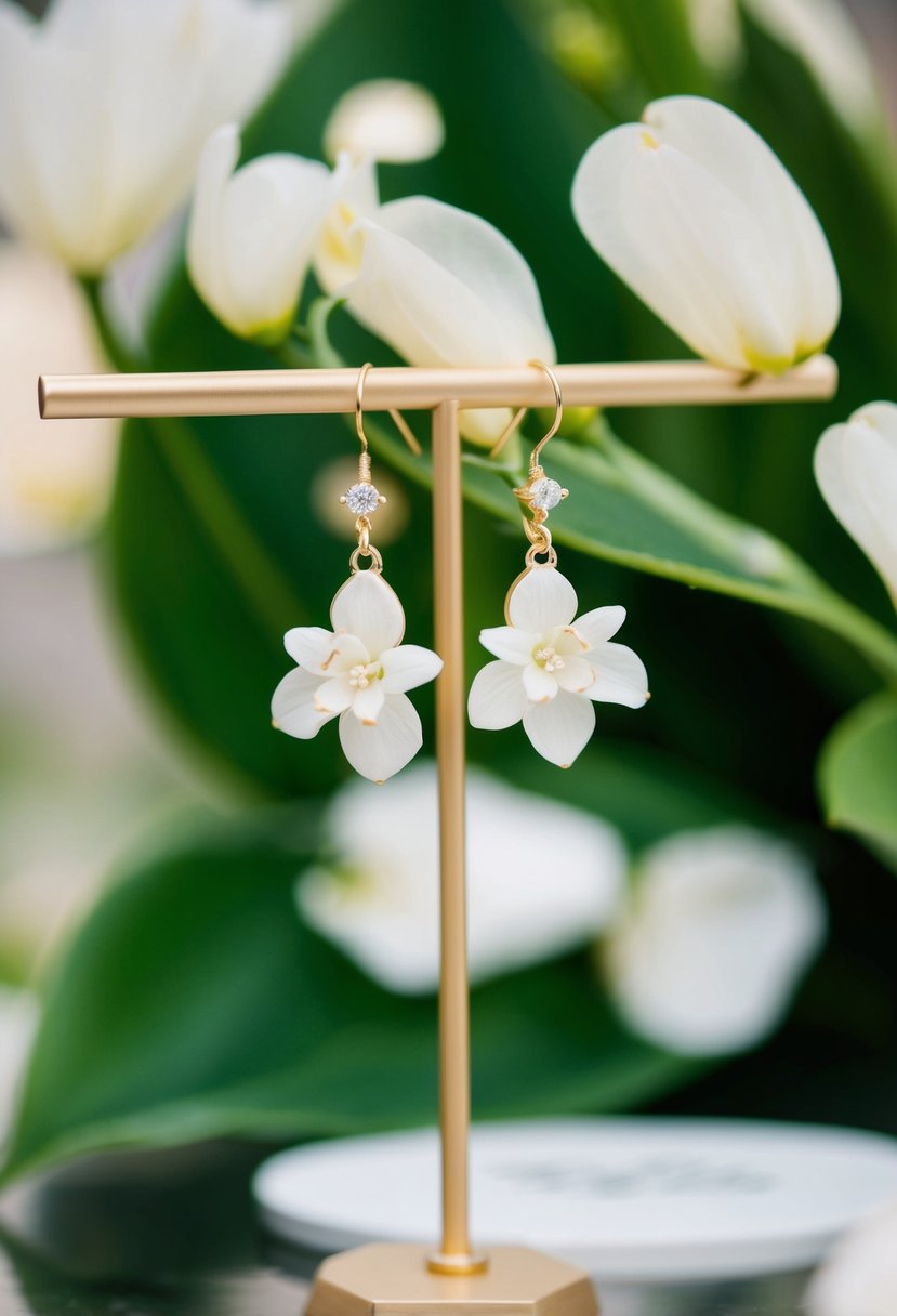 A pair of delicate white floral drop earrings, surrounded by soft petals and leaves, hanging from a display stand