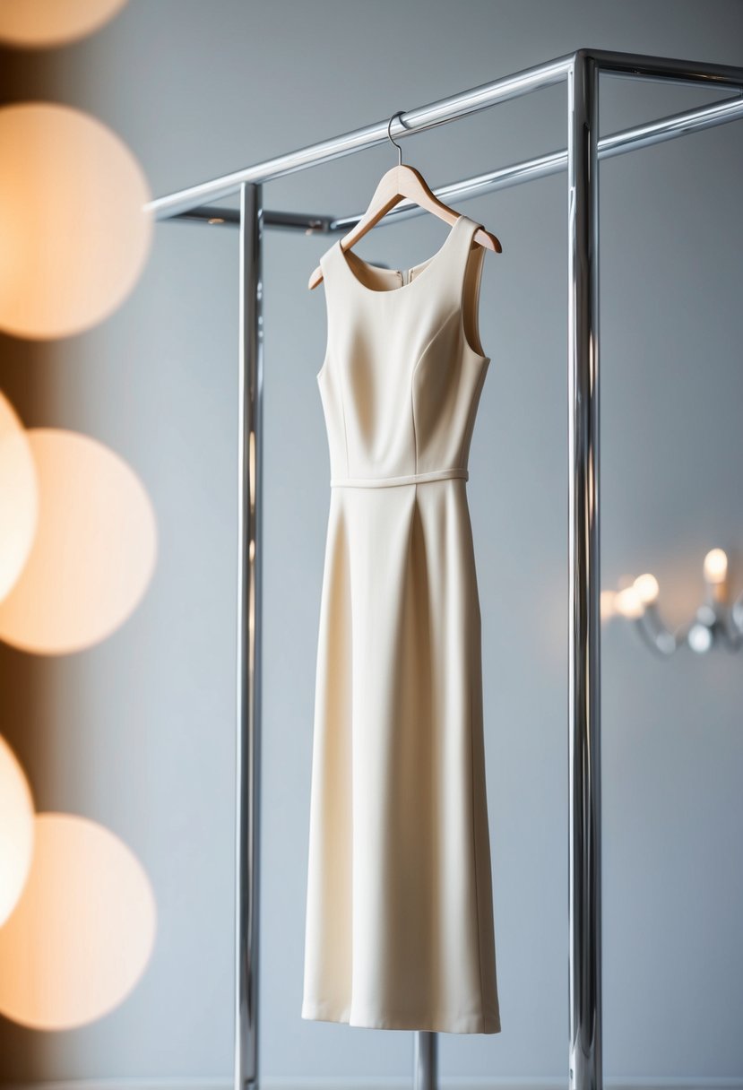 A simple, elegant sheath dress hanging on a sleek, modern clothing rack