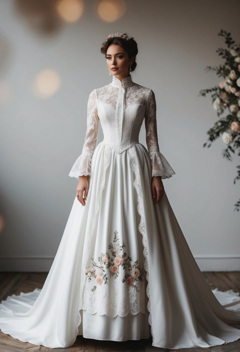 A high-collar Victorian wedding dress with lace details, long sleeves, and a flowing skirt, accented with delicate floral embroidery and a small train