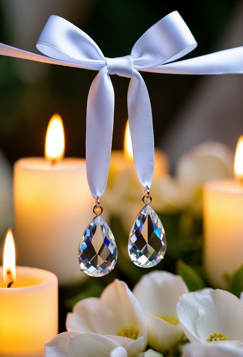 A pair of delicate crystal teardrop earrings hanging from a white satin ribbon, surrounded by soft white petals and shimmering in the warm glow of candlelight