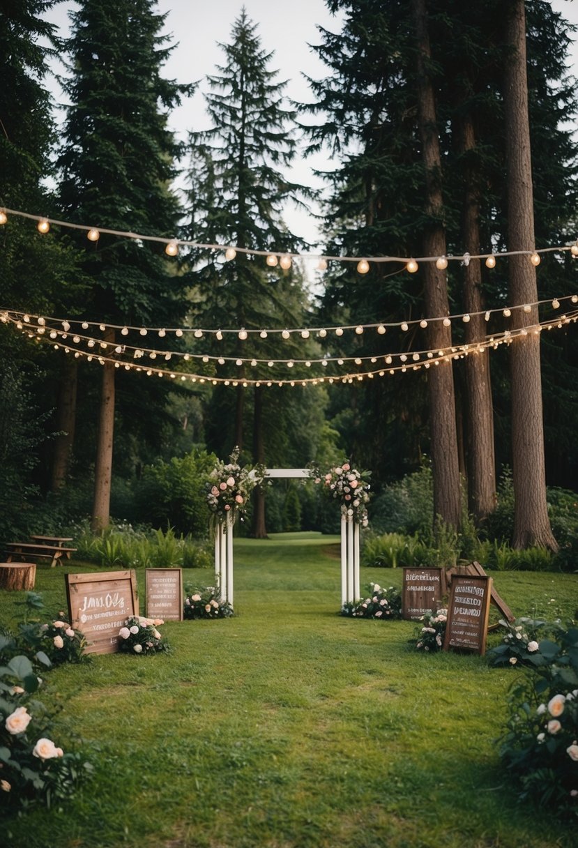 A serene woodland clearing adorned with fairy lights, floral arches, and rustic wooden signs, surrounded by towering trees and lush greenery