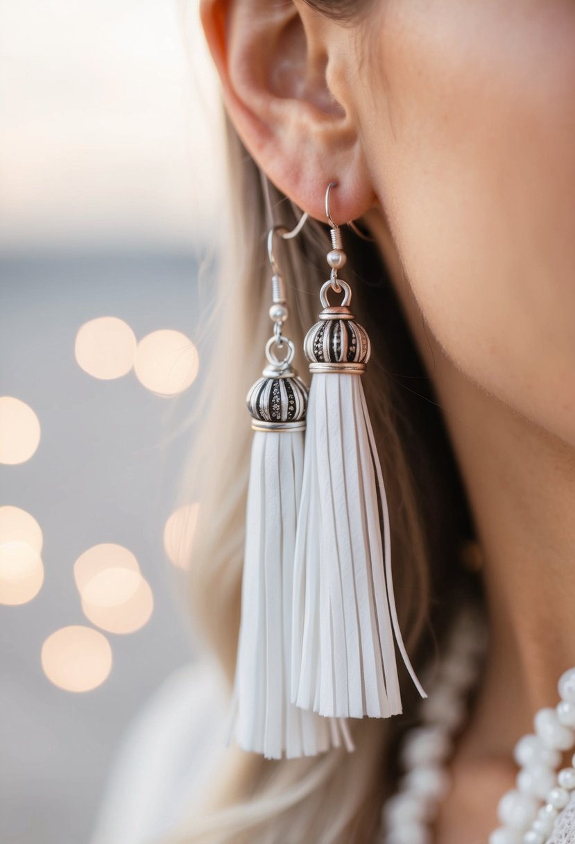 A close-up of white bohemian tassel earrings against a soft, romantic background