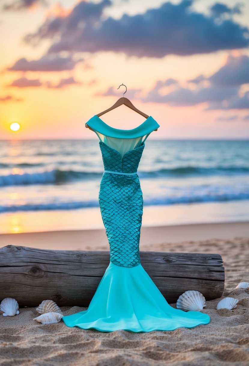 A serene beach at sunset, with a lone boat-neck mermaid gown draped over a driftwood log, surrounded by seashells and gentle waves