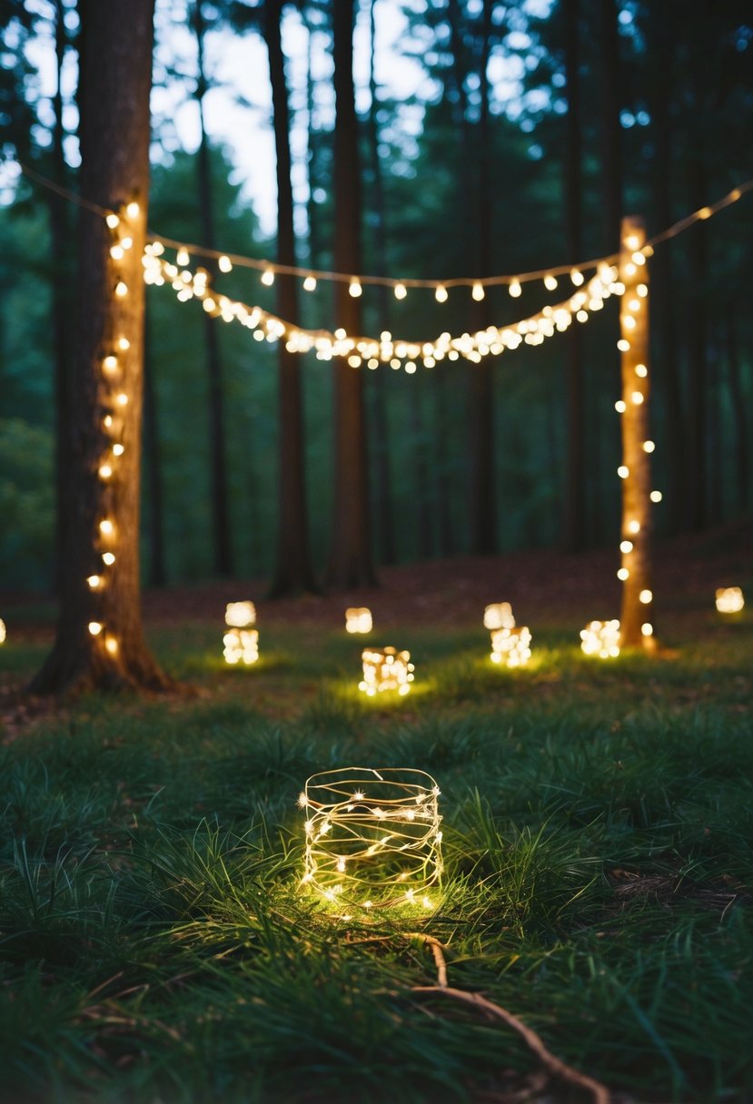 A cozy woodland clearing adorned with charming fairy lights, creating a magical ambiance for a whimsical wedding celebration