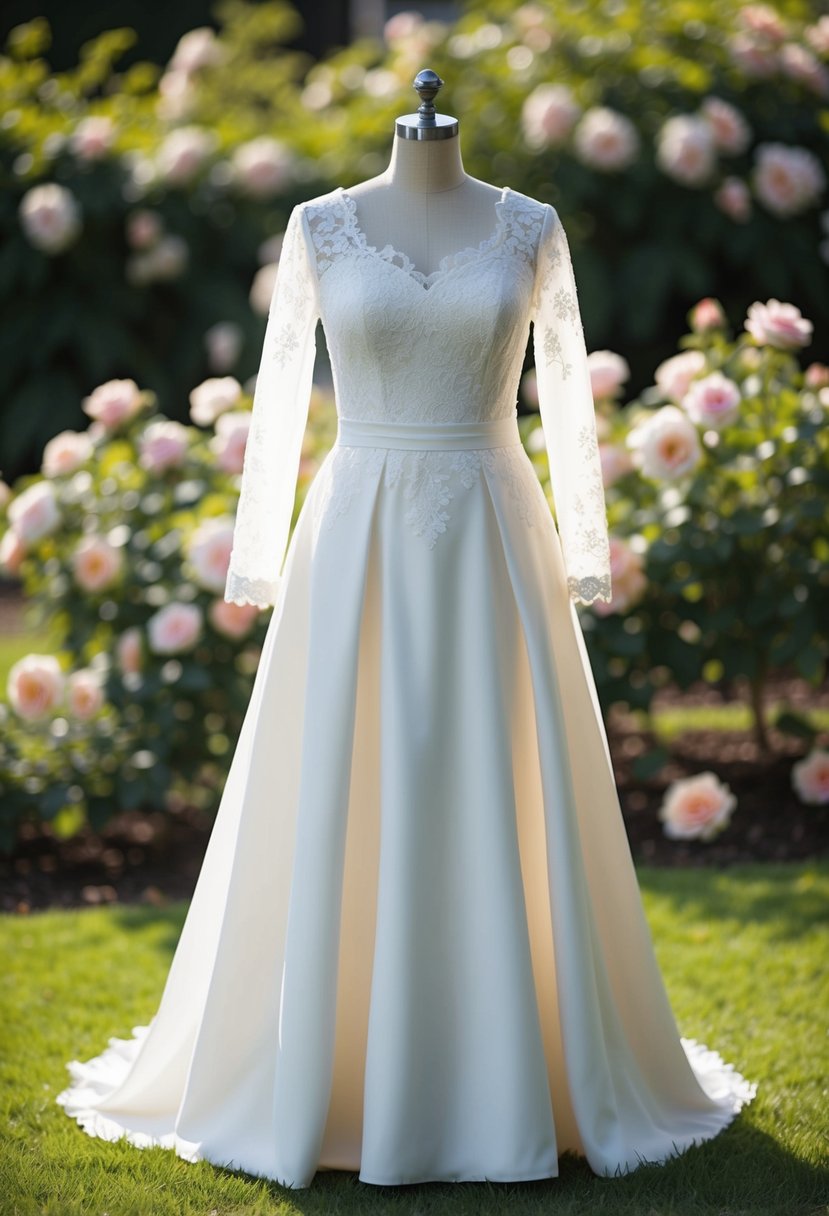 A tea-length wedding dress with full sleeves, adorned with delicate lace and a modest silhouette, set against a backdrop of blooming roses in a garden