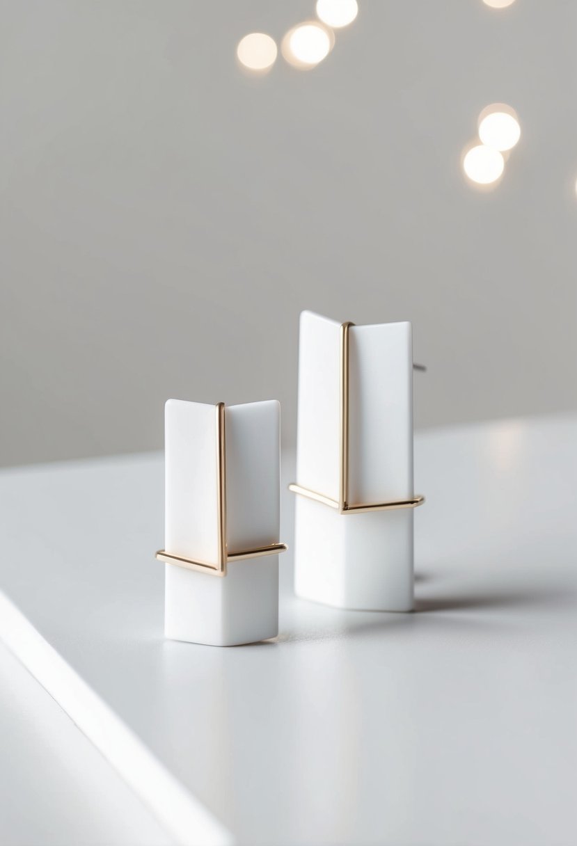 A pair of white geometric-shaped earrings, featuring clean lines and modern design, set against a minimalist background