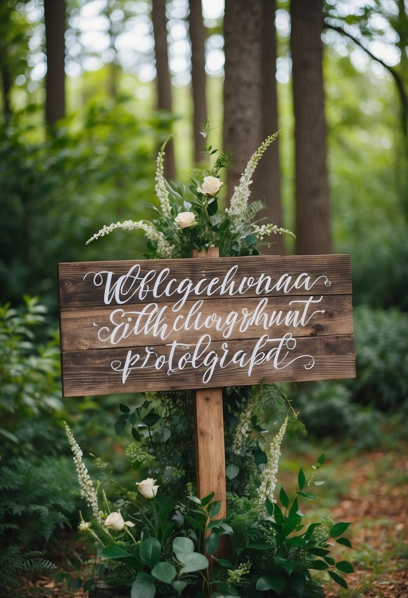 A rustic wooden sign with elegant calligraphy surrounded by lush greenery and woodland elements