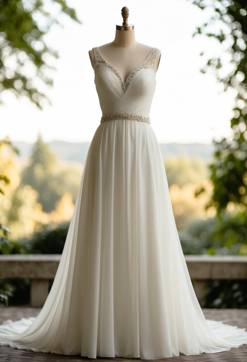 A flowing empire waist wedding dress with delicate beading and modest neckline