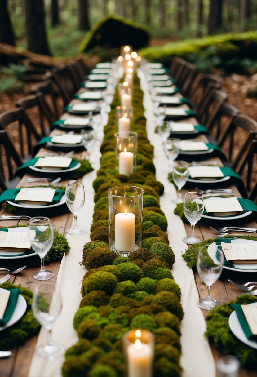 Moss-covered table runners adorn a rustic woodland wedding, surrounded by enchanting decor and natural elements