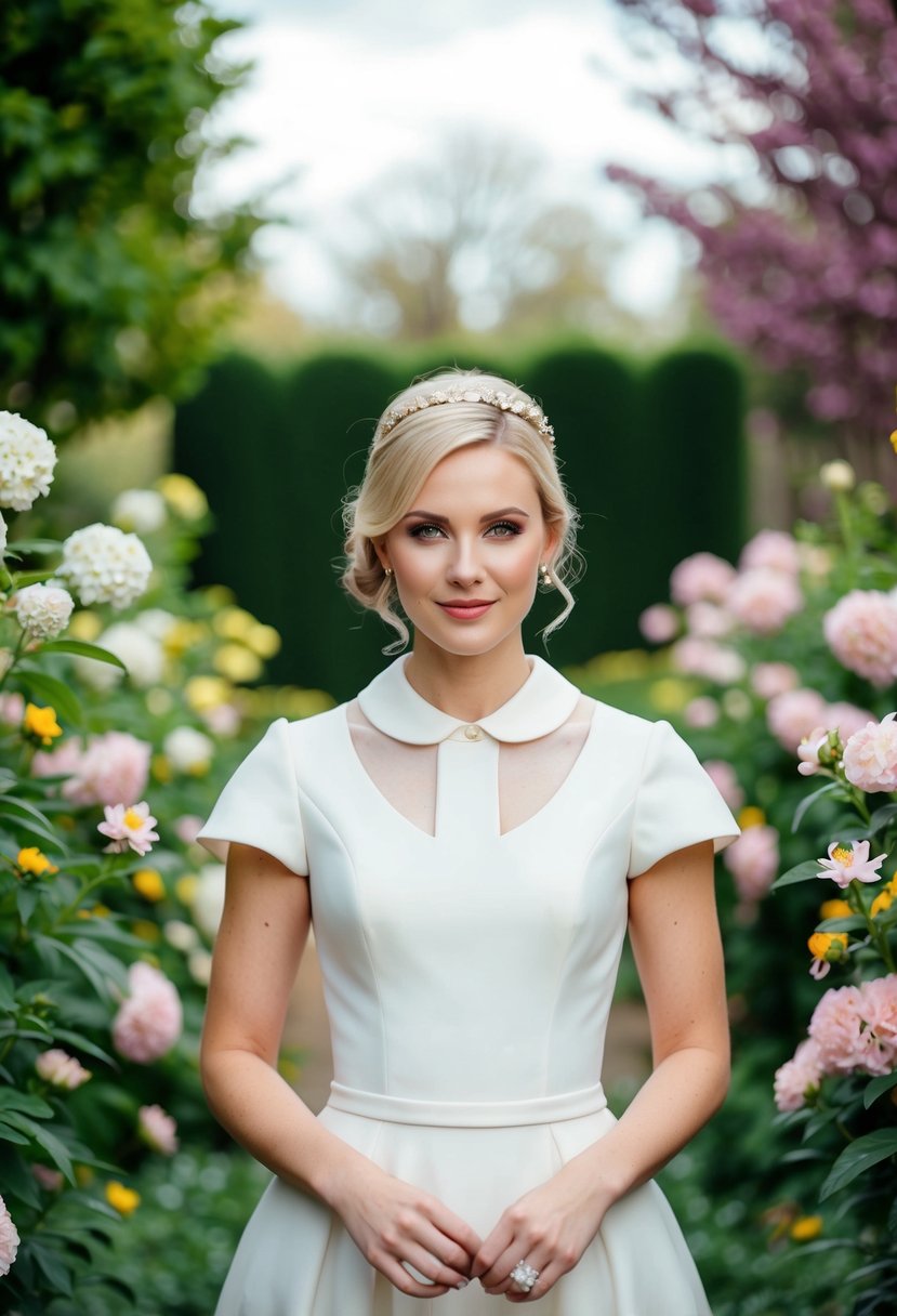 A bride in a Peter Pan collar dress, surrounded by blooming flowers in a garden