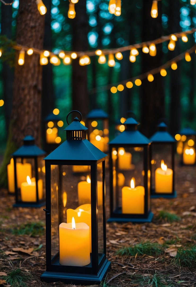 Lanterns with flickering candles illuminate a woodland wedding, creating a magical and enchanting atmosphere