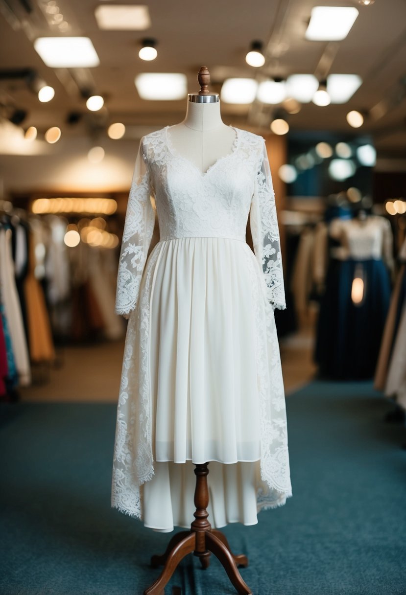 An off-white lace overlay modest wedding dress displayed on a vintage mannequin