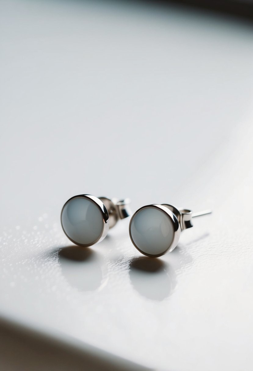 Two simple white stud earrings on a clean, white surface