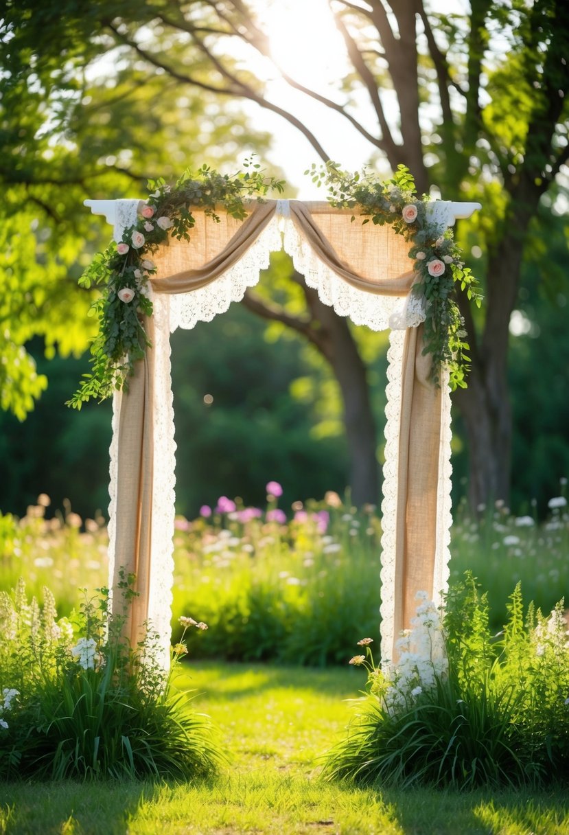 Sunlight filters through the trees onto a burlap and lace adorned archway, surrounded by lush greenery and wildflowers