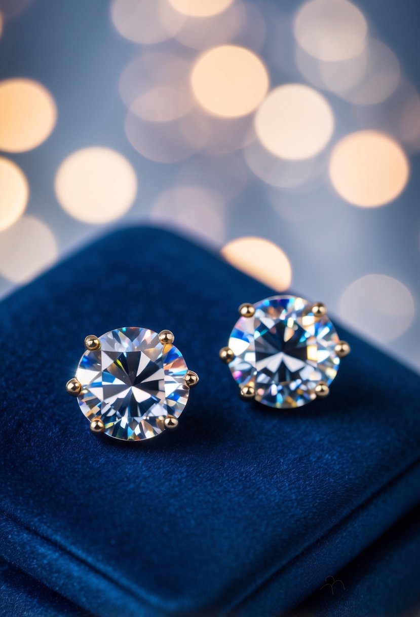 A pair of Swarovski crystal earrings gleaming on a velvet cushion