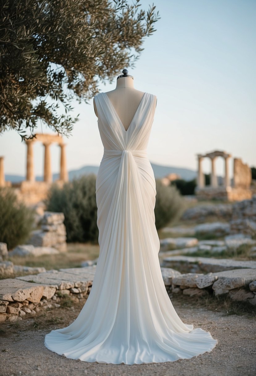 A Grecian wedding dress draped in modest, flowing fabric, with delicate pleats and a subtle train, set against a backdrop of ancient ruins and olive trees