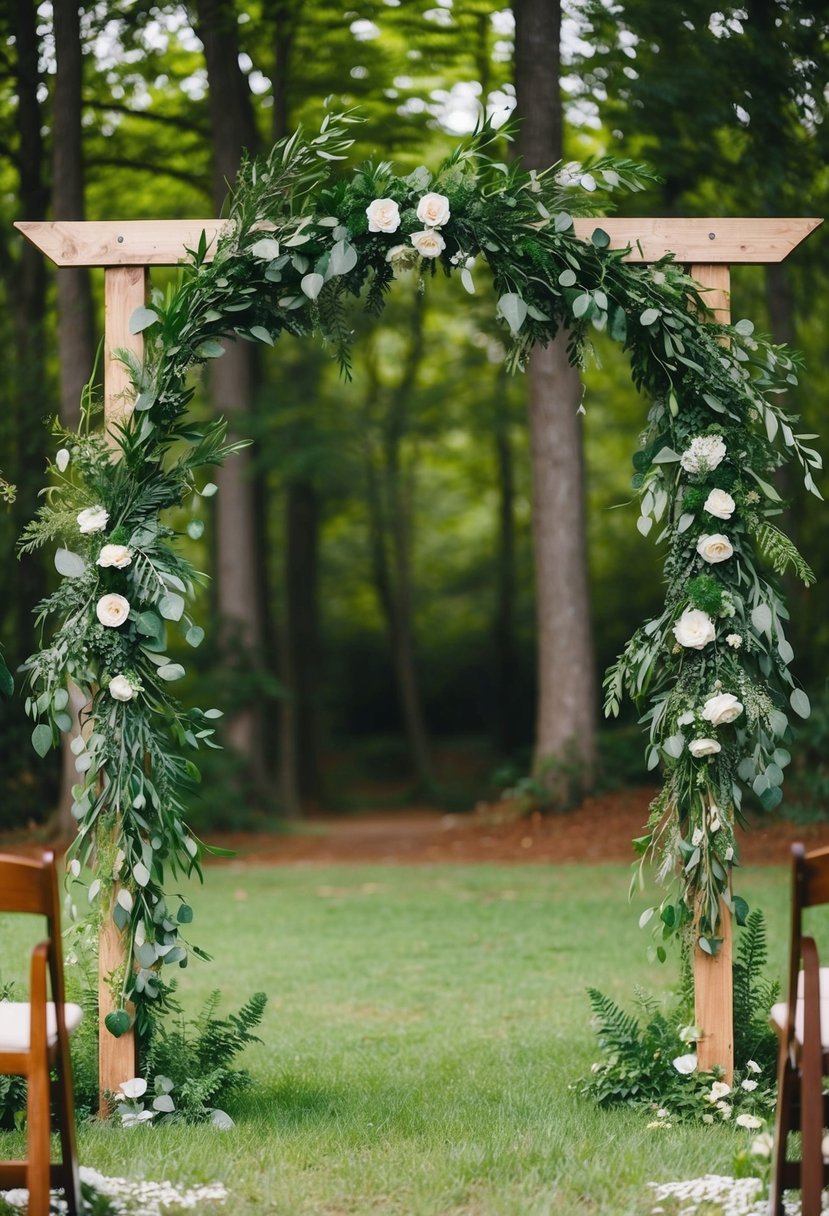 A rustic wooden arch adorned with lush greenery stands as the focal point of a woodland wedding celebration