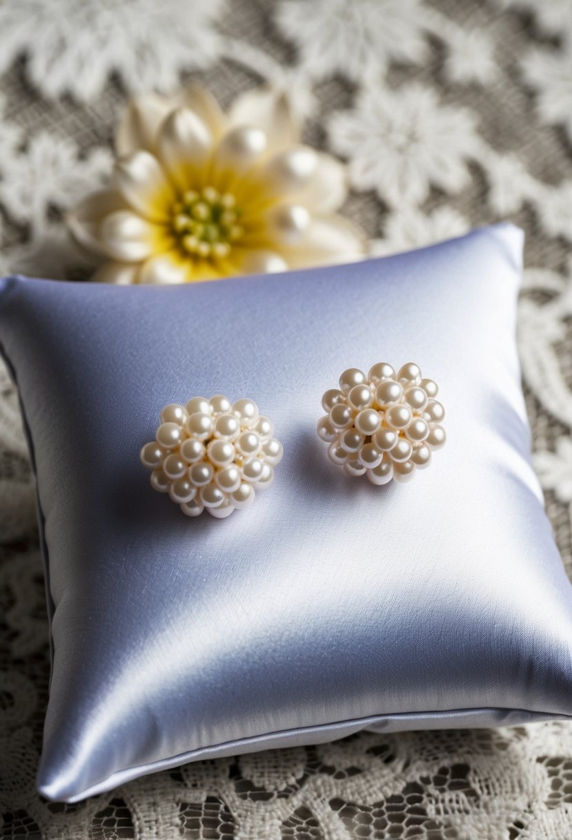 A pair of pearl cluster earrings displayed on a white satin pillow with a lace background