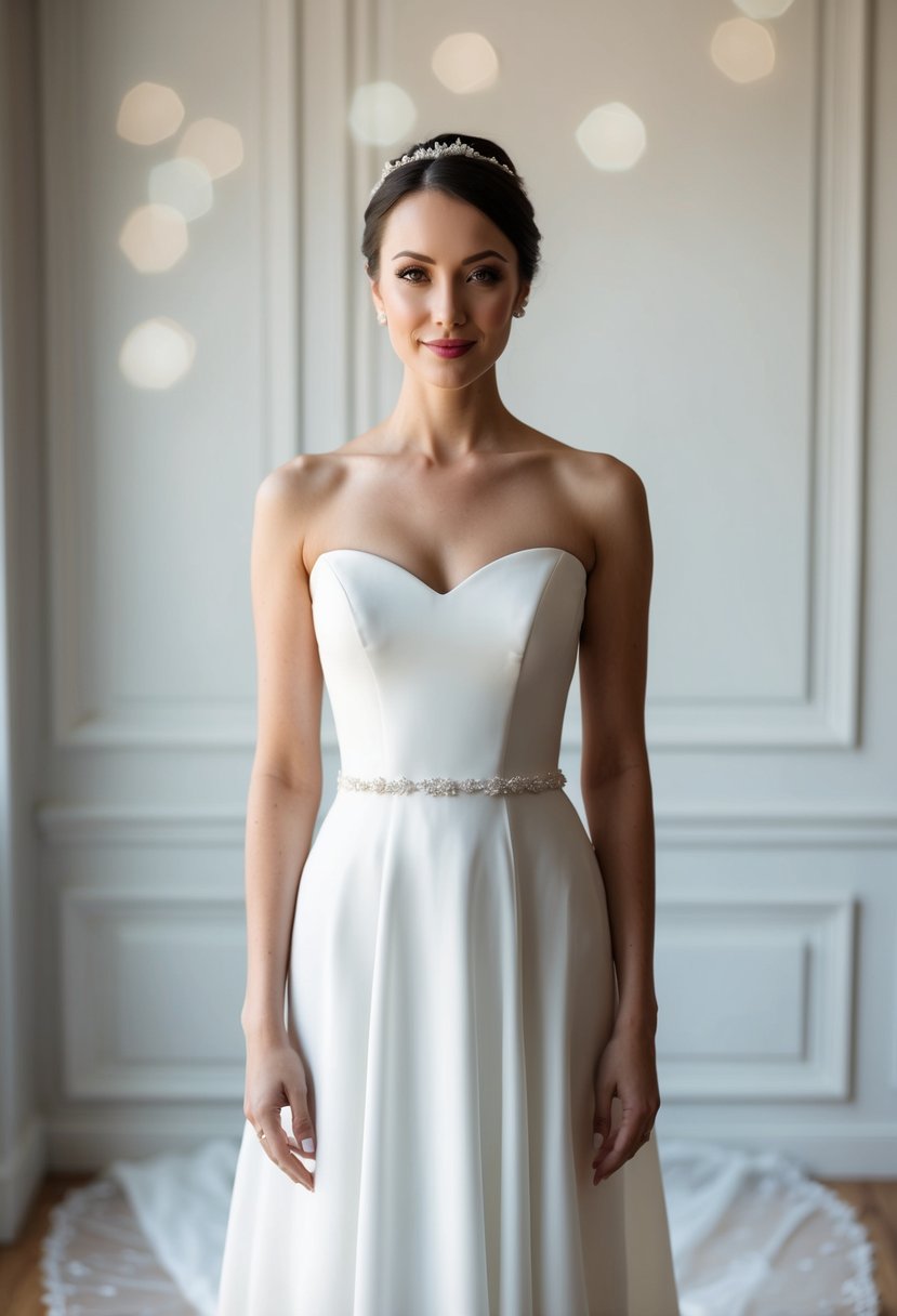 A graceful bride stands in a simple yet elegant wedding dress with a classic bateau neckline, exuding modesty and sophistication