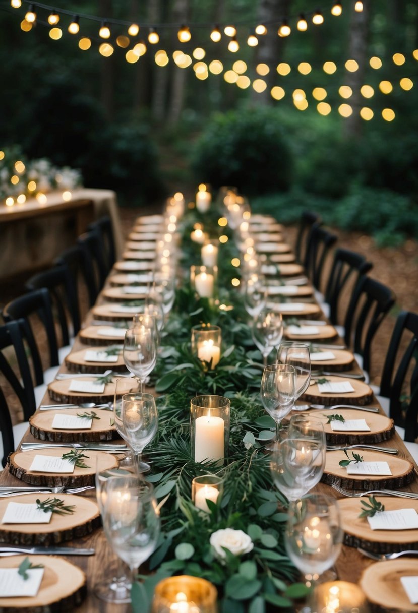 A rustic table adorned with wood slice centerpieces, surrounded by lush greenery and twinkling fairy lights, creating a magical woodland wedding atmosphere