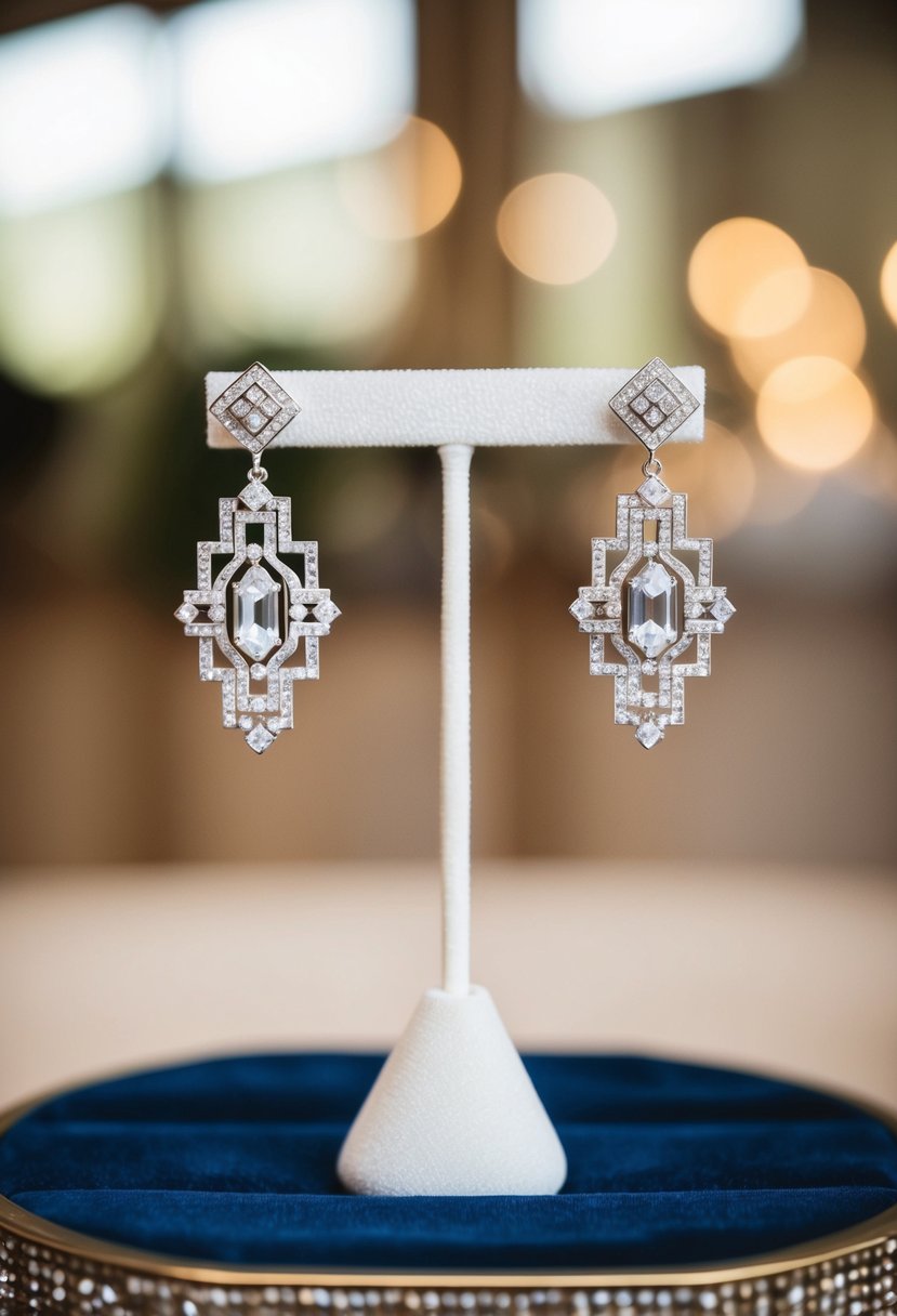 A pair of elegant white Art Deco style wedding earrings displayed on a velvet-lined jewelry stand, with intricate geometric patterns and sparkling gemstones