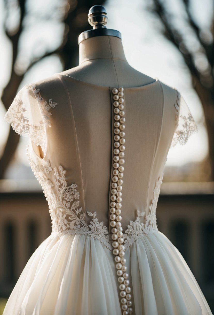 A modest wedding dress with pearl buttons cascading down the back, adorned with delicate lace and flowing fabric