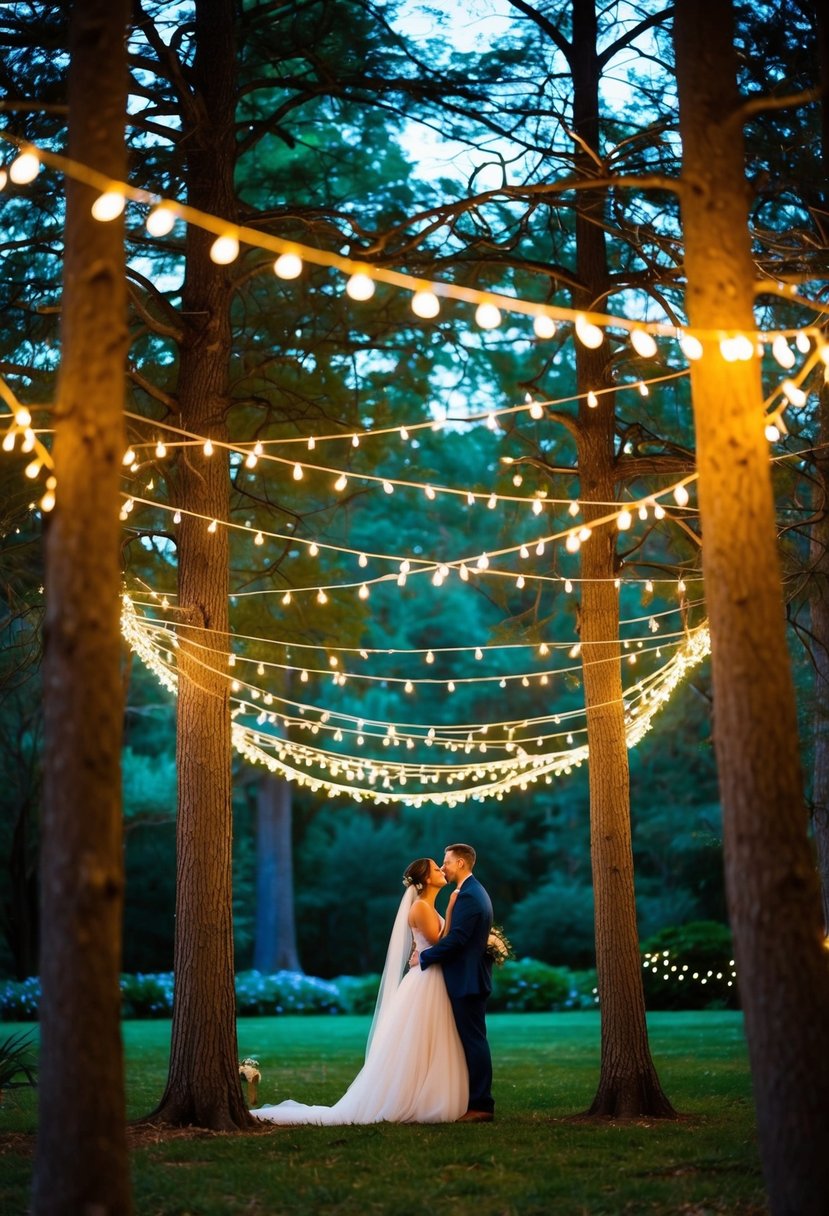 Twinkling string lights wrap around trees, illuminating a magical woodland wedding celebration