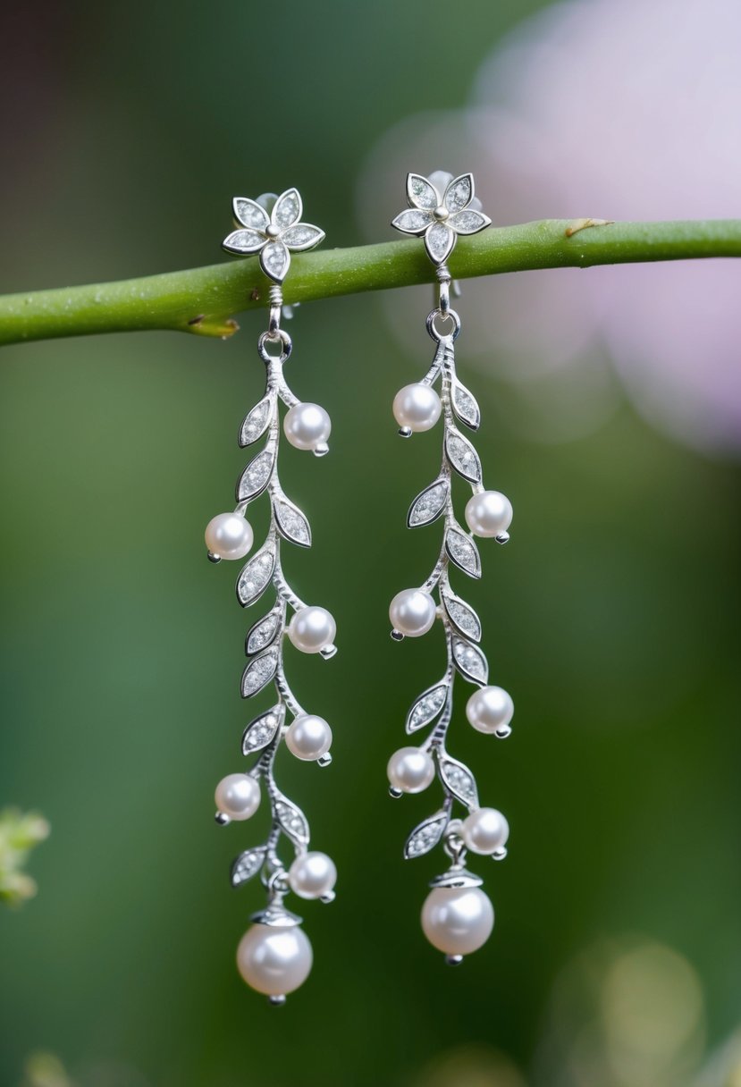 A pair of delicate, vine-like earrings adorned with shimmering pearls and intricate floral details, inspired by the beauty of nature