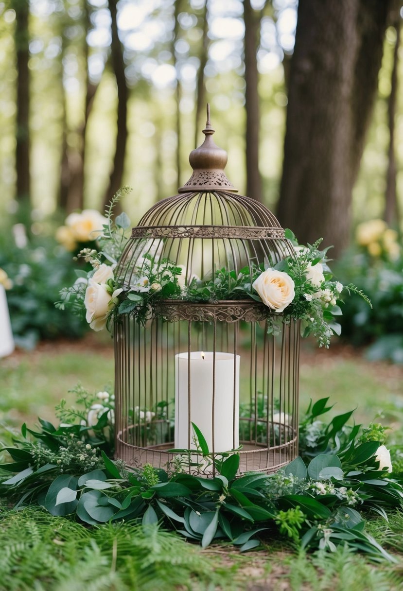 A vintage birdcage adorned with lush greenery and delicate flowers, set amidst a whimsical woodland wedding scene