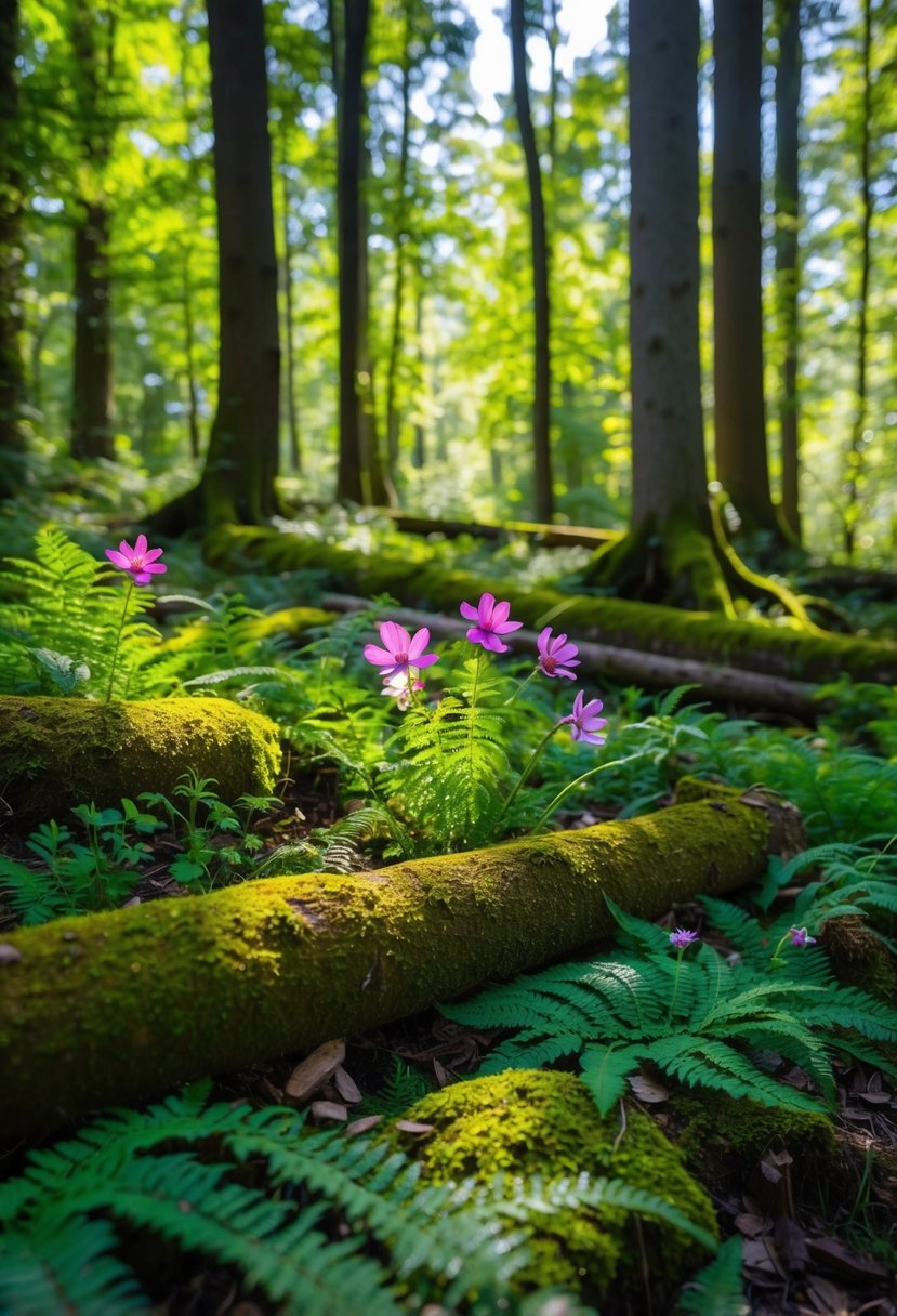 A lush forest clearing with wildflowers, ferns, and moss-covered logs. Sunlight filters through the canopy, casting dappled shadows on the forest floor