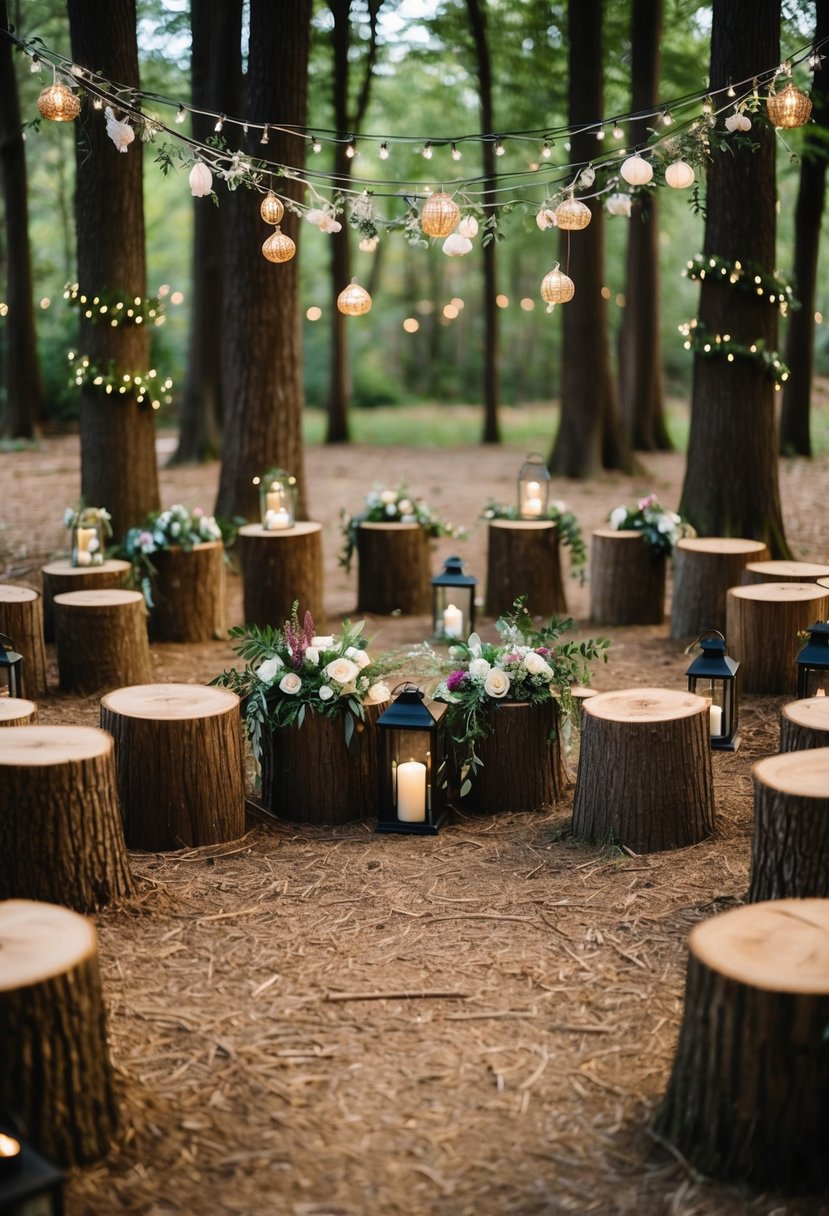 A cluster of tree stumps arranged in a semi-circle, adorned with fairy lights, floral garlands, and lanterns, creating a magical woodland wedding setting