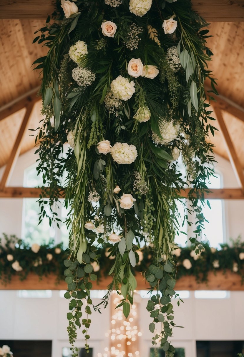 Floral garlands and greenery cascading from the ceiling, creating a whimsical woodland wedding atmosphere