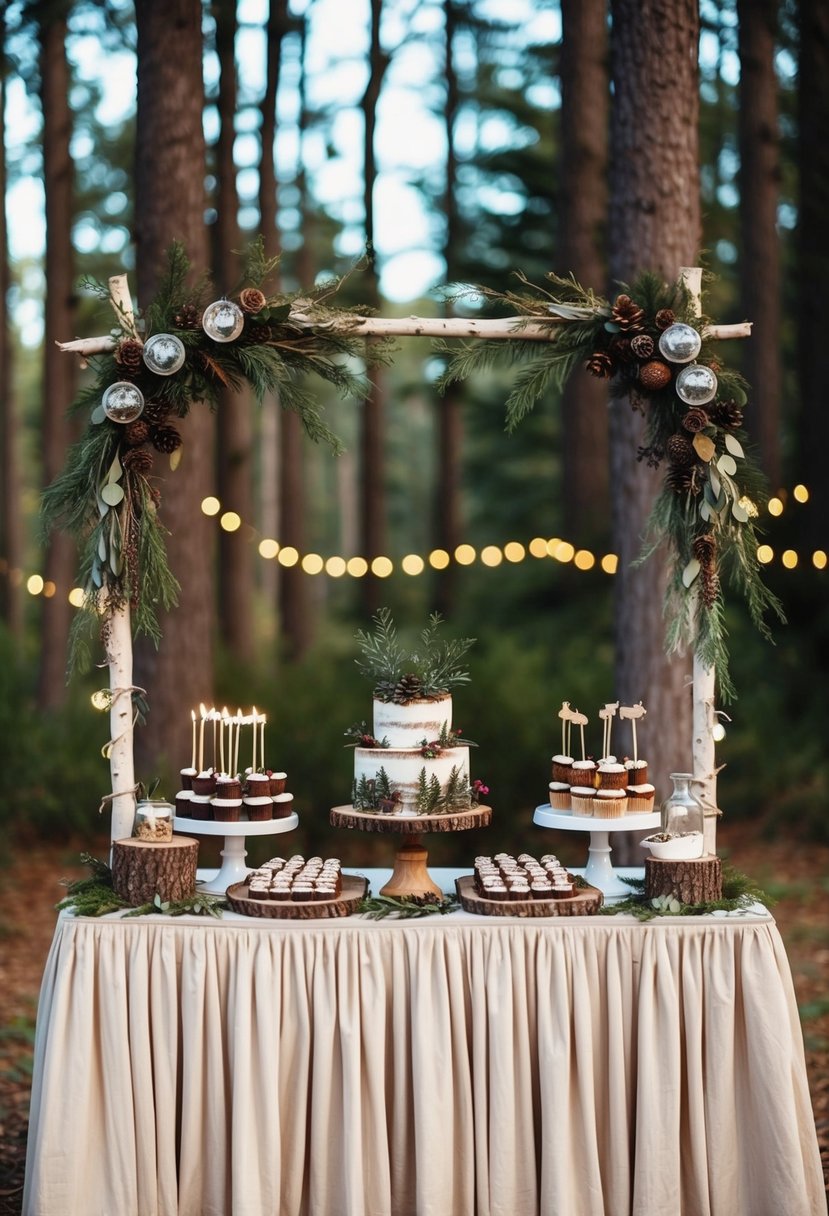 A rustic dessert table adorned with woodland-themed decor for a magical wedding celebration