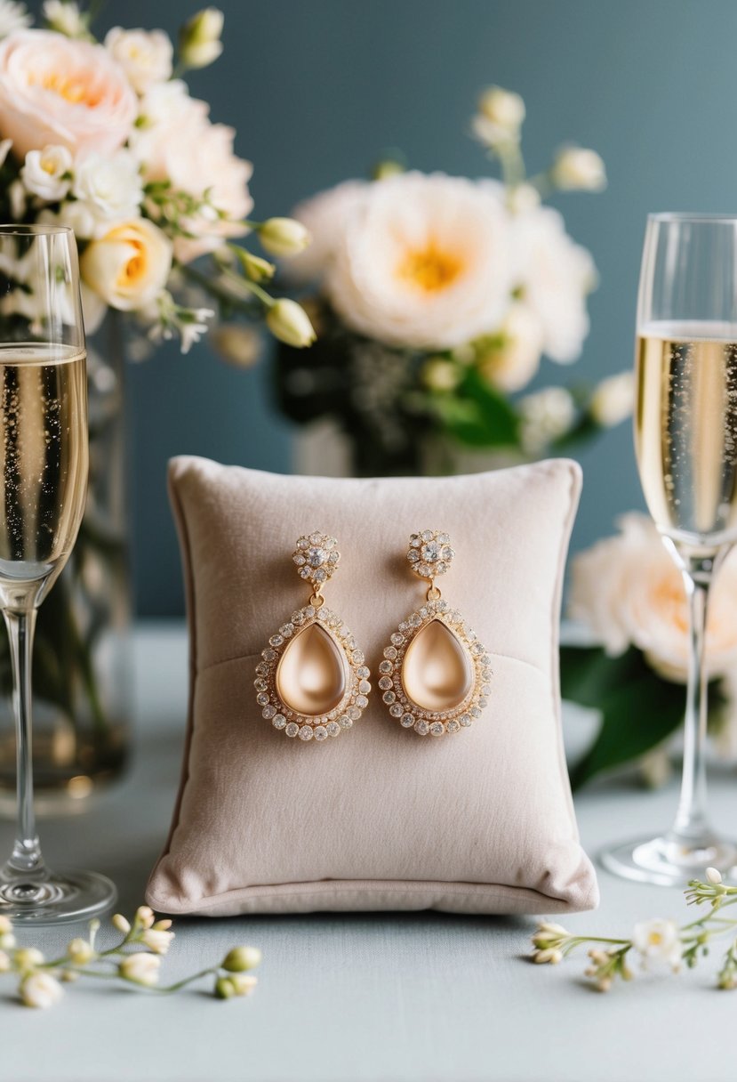 A pair of elegant champagne-colored wedding earrings displayed on a soft velvet cushion, surrounded by delicate floral arrangements and sparkling champagne glasses