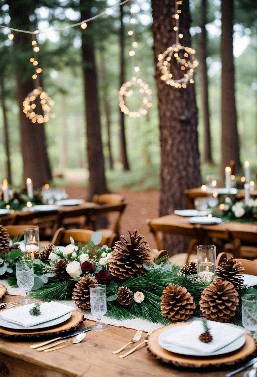 A woodland wedding scene with pinecone accents adorning rustic table settings, floral arrangements, and hanging decor for a magical celebration