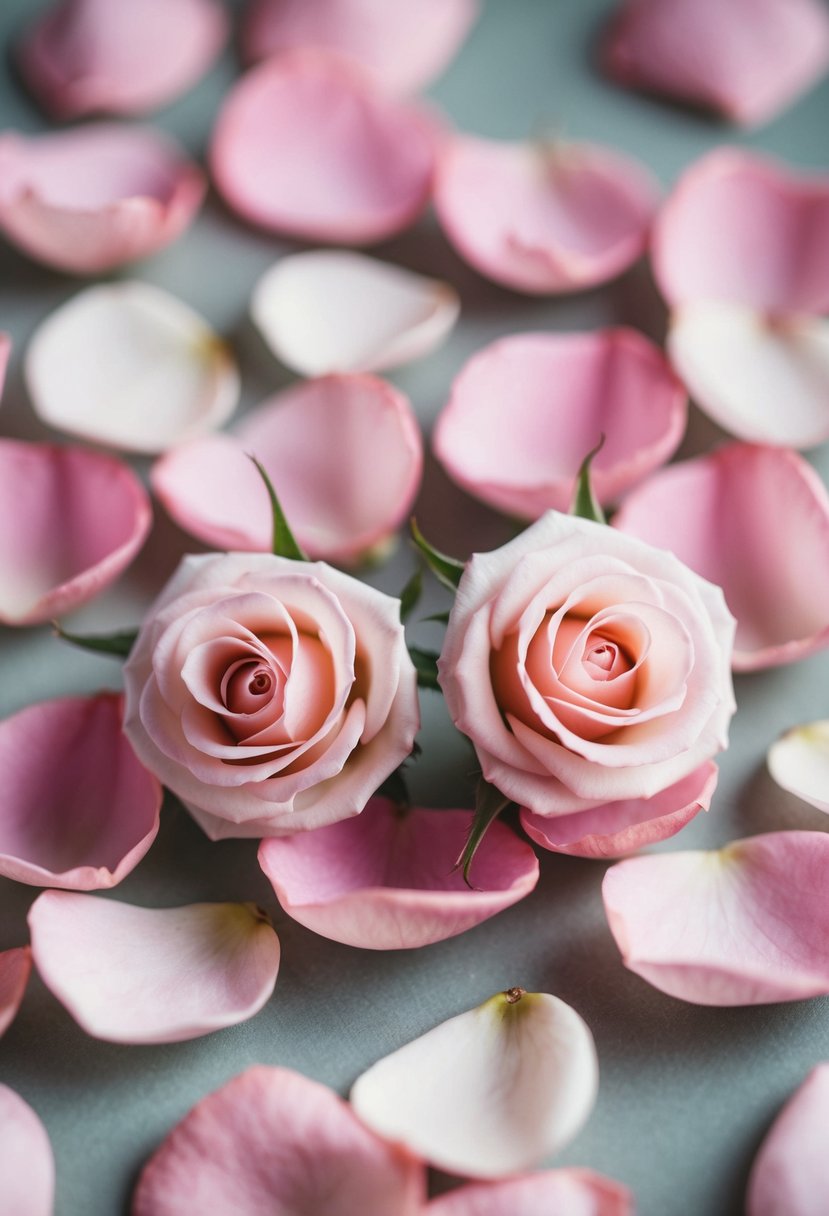 A delicate pair of rose-shaped earrings resting on a bed of soft pink rose petals