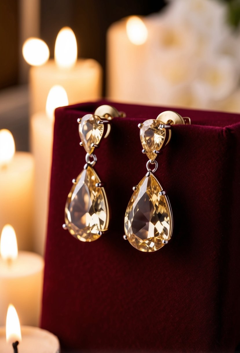 A pair of teardrop champagne crystal earrings glisten on a velvet jewelry display, surrounded by soft candlelight