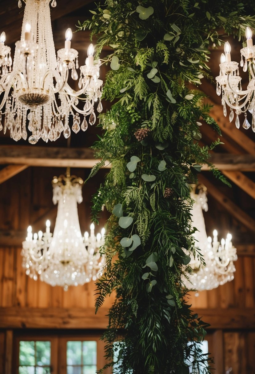 Lush greenery cascades from chandeliers, creating a magical woodland wedding scene