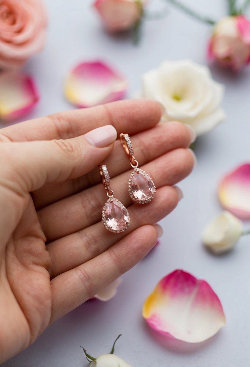 A delicate hand holding elegant rose gold drop earrings against a soft, blurred background of rose petals and wedding decor