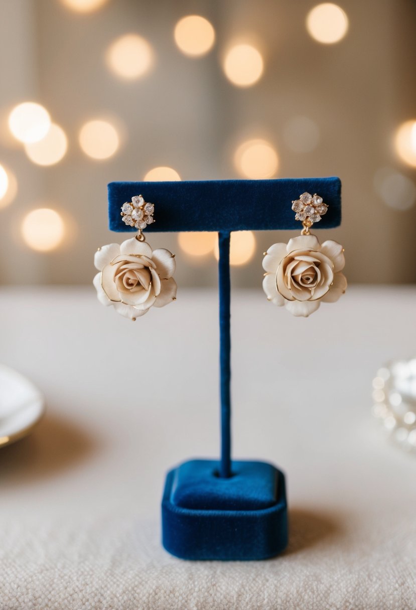 A delicate pair of vintage rose clip-on earrings displayed on a velvet jewelry stand