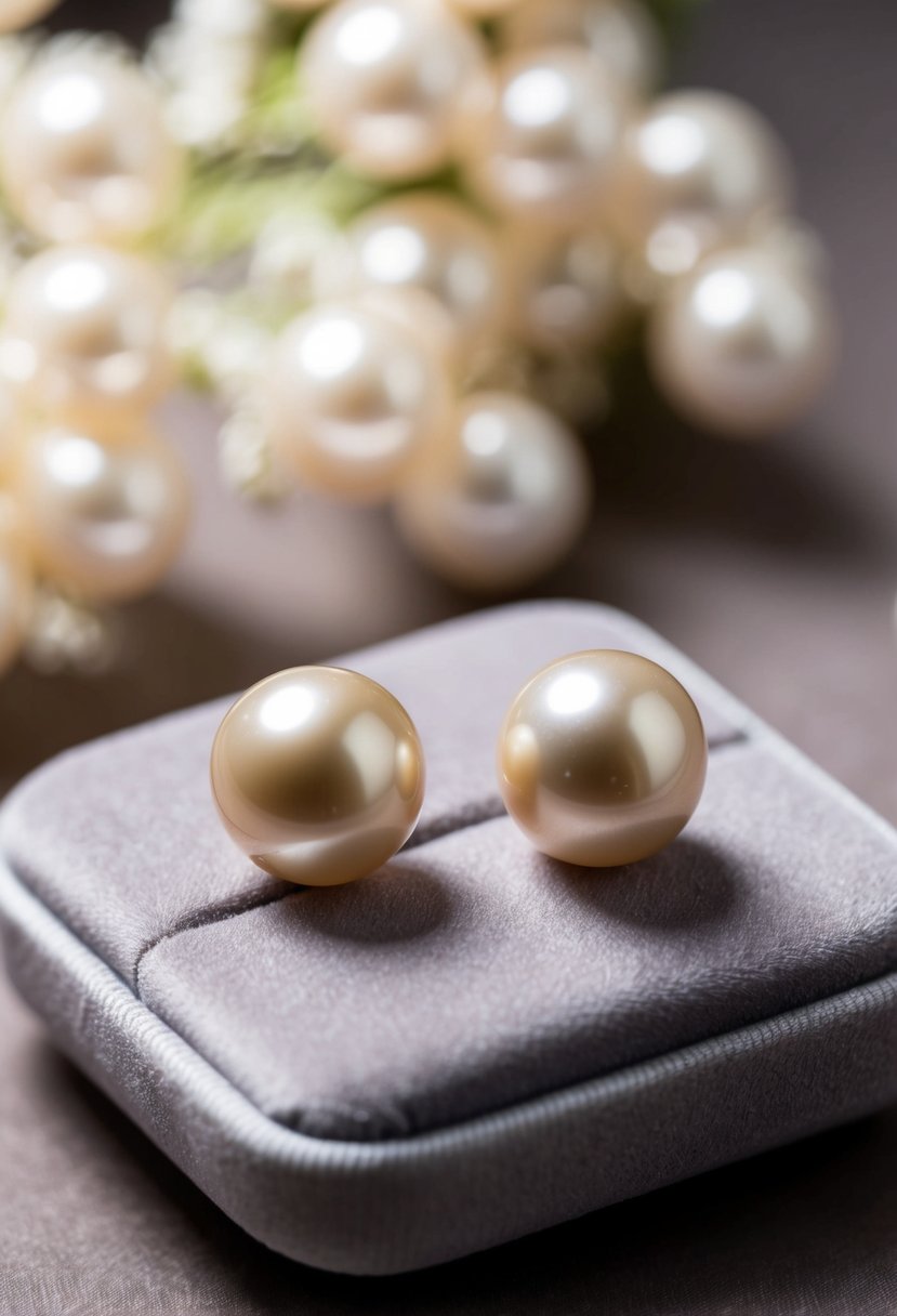 A close-up of vintage champagne pearl stud earrings on a velvet cushion, with soft lighting to showcase their elegance